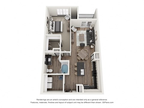 a stylized floor plan with a bedroom and a living room
